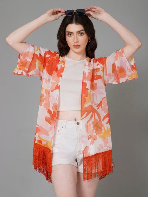 purys white & orange floral print kimono