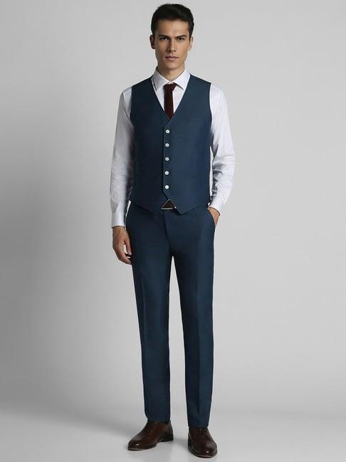 peter england navy slim fit texture three piece suit