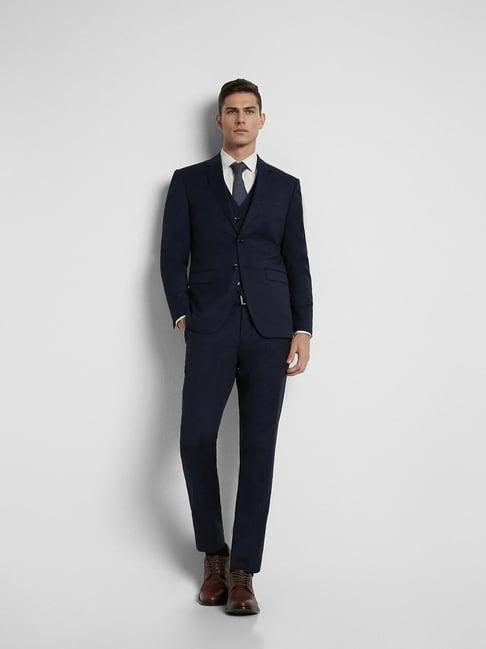 peter england navy slim fit three piece suit