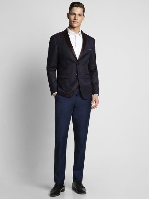 peter england navy slim fit printed two piece suit