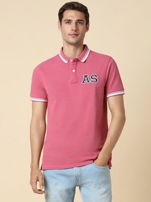 allen solly pink cotton regular fit embroidered polo t-shirt