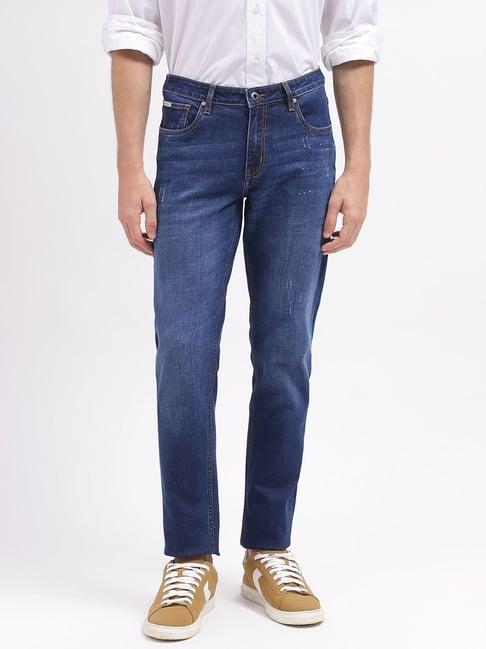 lindbergh dark blue cotton tapered fit jeans