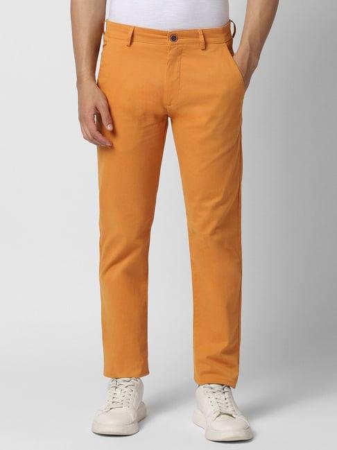 peter england orange cotton slim fit trousers