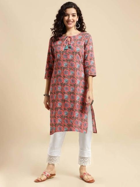 rangita pink & white cotton printed kurti pant set