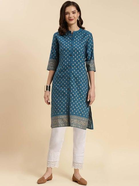 rangita blue & off-white cotton printed kurti pant set