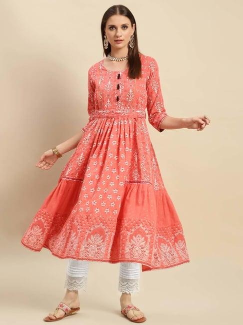 rangita peach & white cotton printed kurta pant set