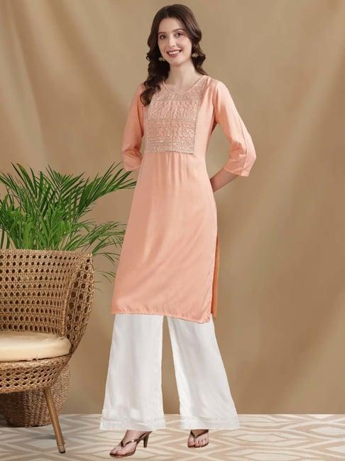 rangita peach embroidered kurti palazzo set