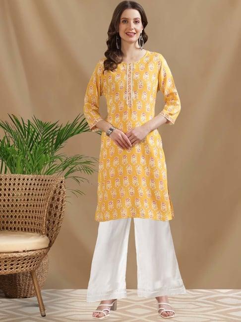 rangita yellow & white printed kurti palazzo set