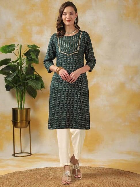 rangita green & off-white embroidered kurti pant set