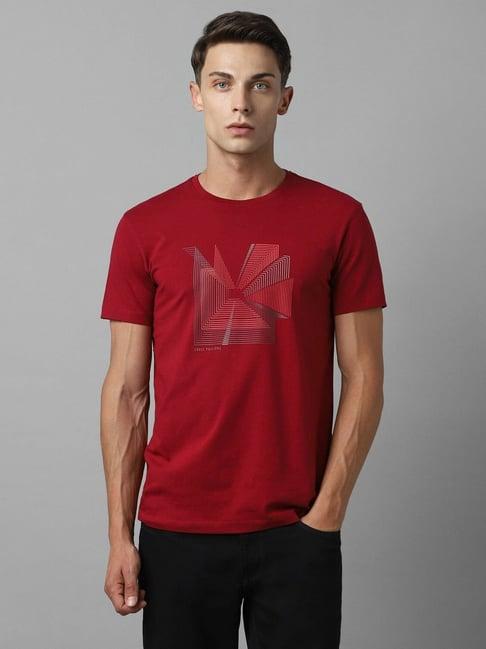 louis philippe red cotton slim fit printed t-shirt