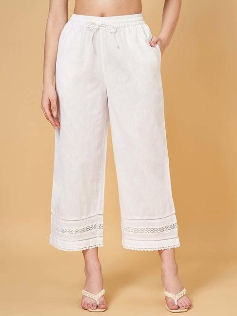 rangmanch by pantaloons snow white cotton embroidered flared pants