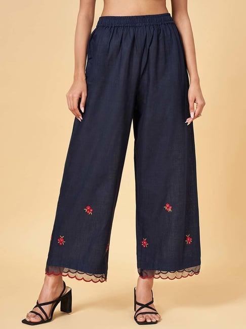 rangmanch by pantaloons navy cotton embroidered palazzos