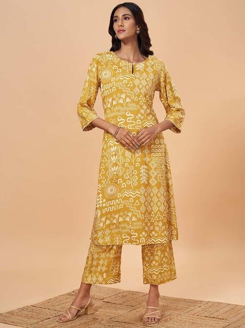 marigold lane yellow cotton printed kurta palazzo set