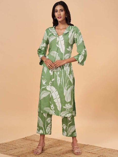 marigold lane green floral print kurta pant set