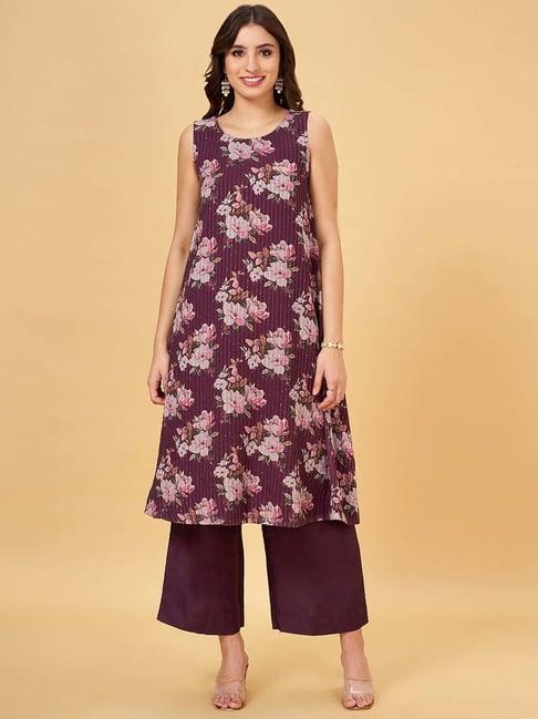 rangmanch by pantaloons purple floral print kurta palazzo set