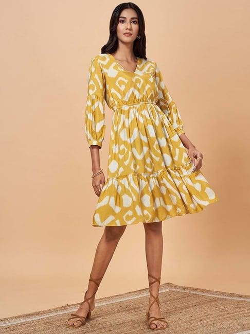 marigold lane yellow printed a-line dress