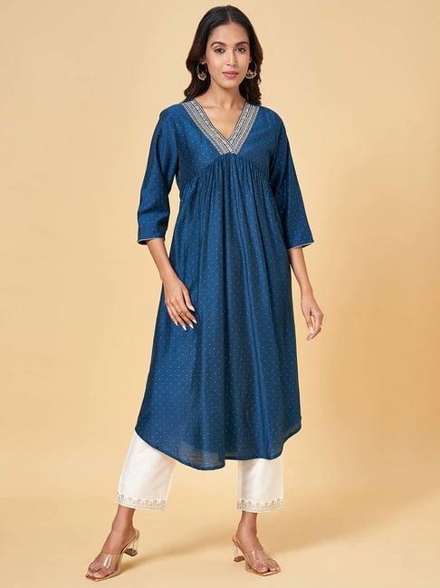 rangmanch by pantaloons blue embroidered a line kurta