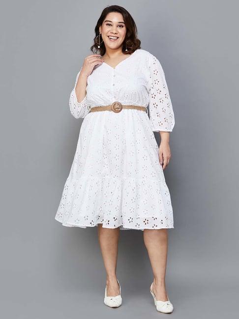 nexus by lifestyle off-white cotton self pattern a-line dress