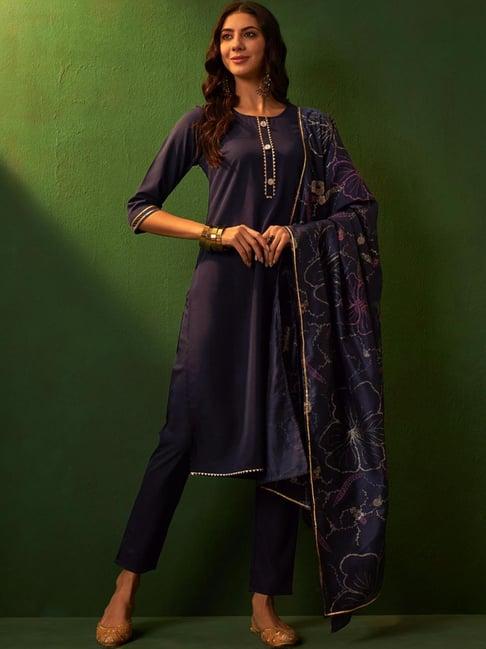 ziyaa navy straight fit kurta pant set with dupatta