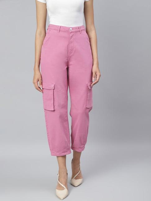 tales & stories pink regular fit mid rise cargo pants