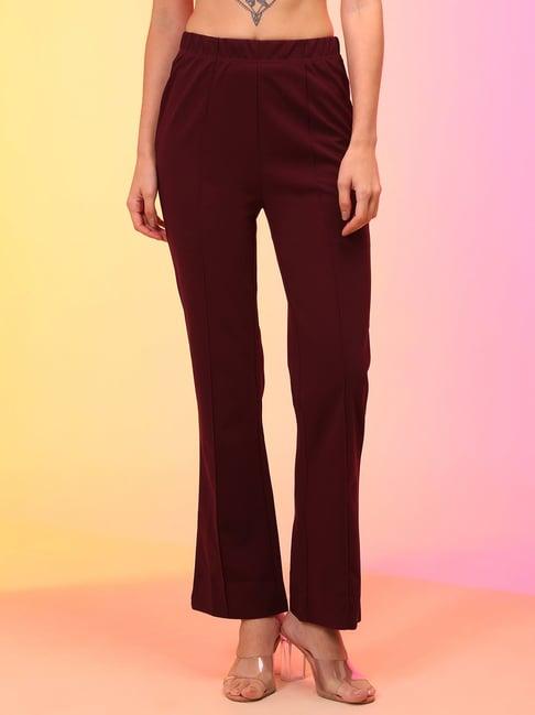 globus maroon regular fit high rise bootcut trousers