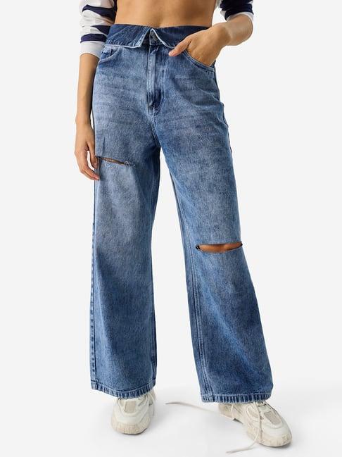 the souled store blue distressed high rise jeans