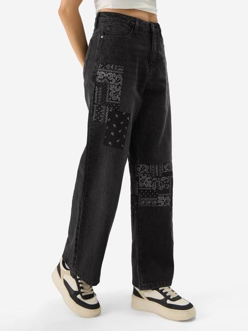 the souled store black printed high rise jeans