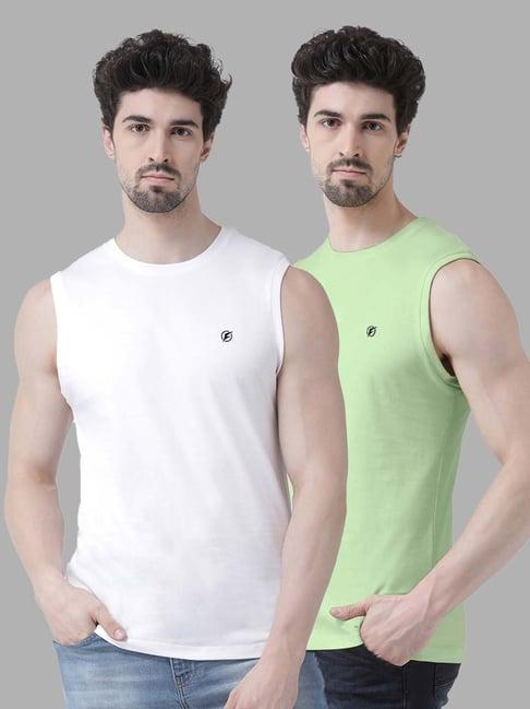 friskers white & sea green slim fit sleeveless t-shirt - pack of 2