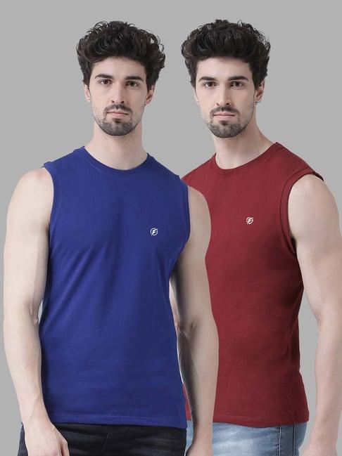 friskers blue & maroon slim fit sleeveless t-shirt - pack of 2