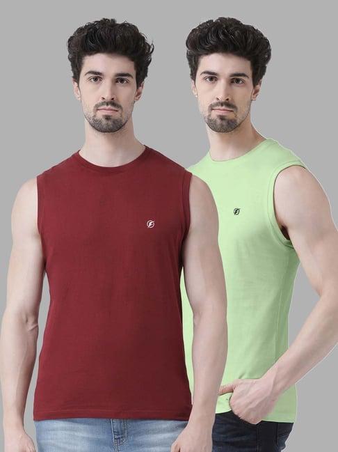 friskers maroon & sea green slim fit sleeveless t-shirt - pack of 2