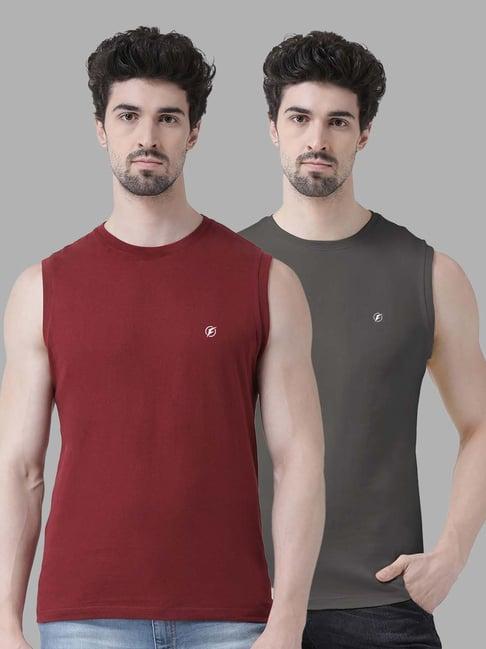 friskers maroon & grey slim fit sleeveless t-shirt - pack of 2