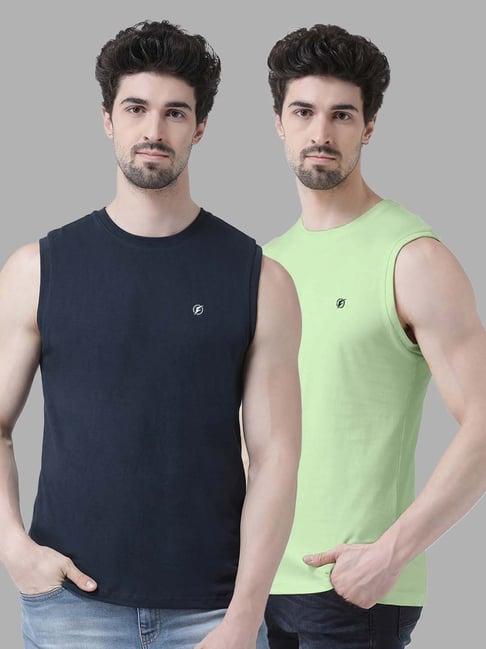 friskers navy & sea green slim fit sleeveless t-shirt - pack of 2