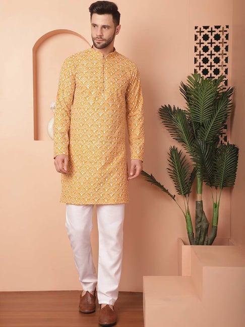 jompers mustard pure cotton regular fit chikankari kurta bottom set