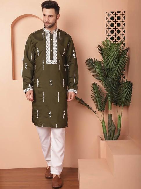 jompers olive regular fit chikankari kurta bottom set