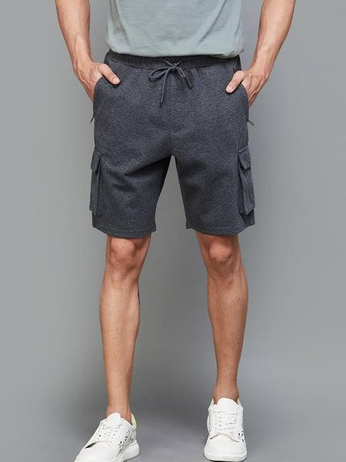 fame forever by lifestyle charcoal melange cotton regular fit printed cargo shorts