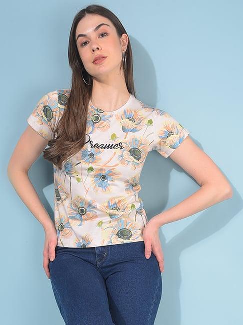 crimsoune club peach cotton floral print t-shirt