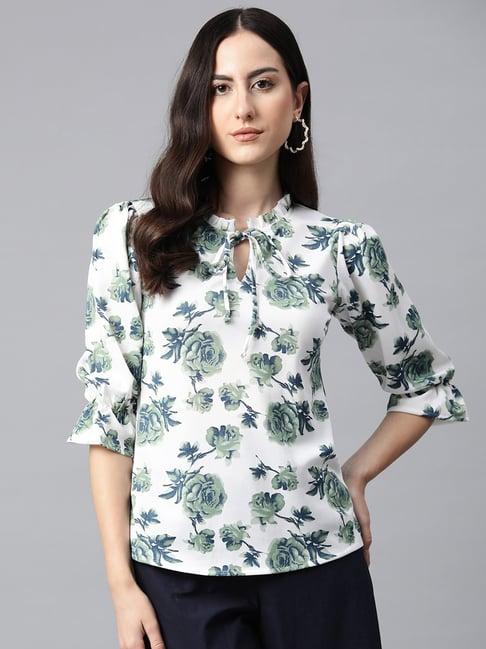 cottinfab white & green floral print top