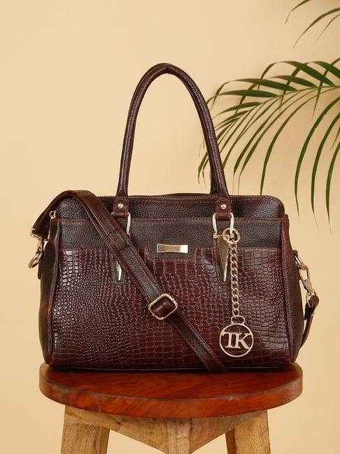 teakwood leathers brown textured satchel handbag