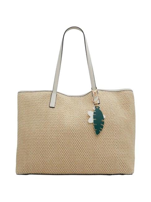 call it spring beige textured tote handbag with pouch