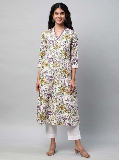 kami kubi white floral print a line kurta