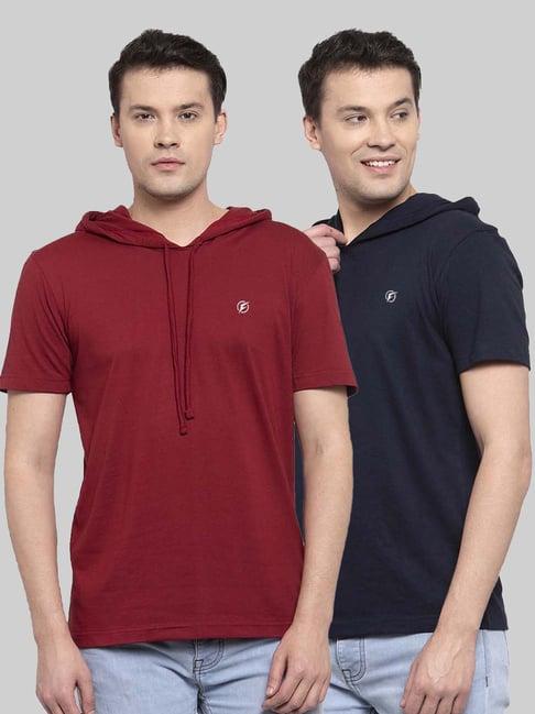 friskers maroon & navy slim fit hooded t-shirt - pack of 2