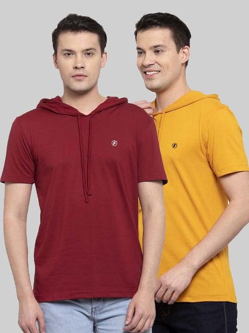 friskers maroon & mustard slim fit hooded t-shirt - pack of 2