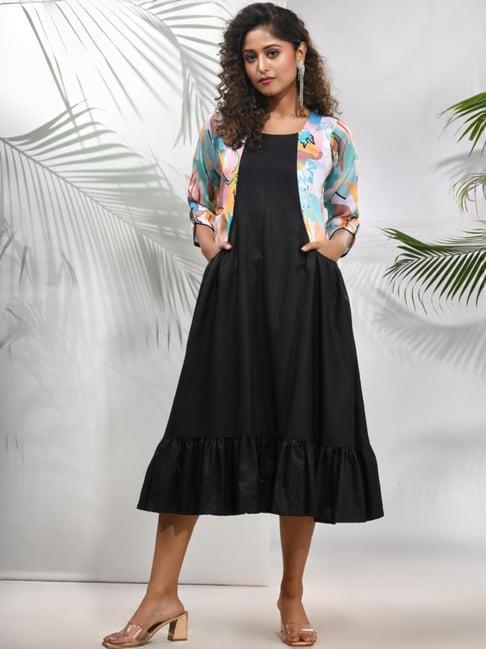 charukriti black cotton printed a-line dress