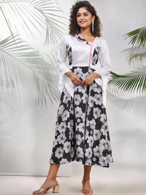 charukriti black & white floral print a-line dress