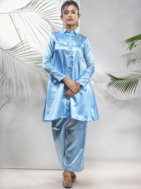 charukriti sky blue embellished kurti palazzo set