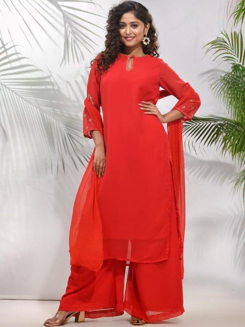 charukriti red regular fit kurta palazzo set with dupatta