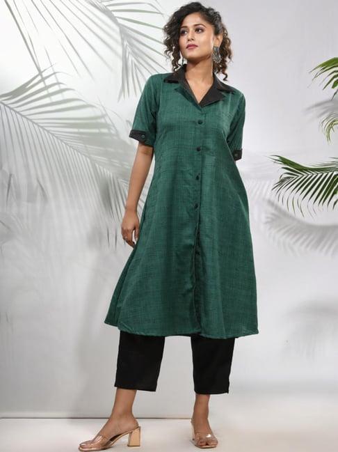 charukriti green & black regular fit kurta pant set