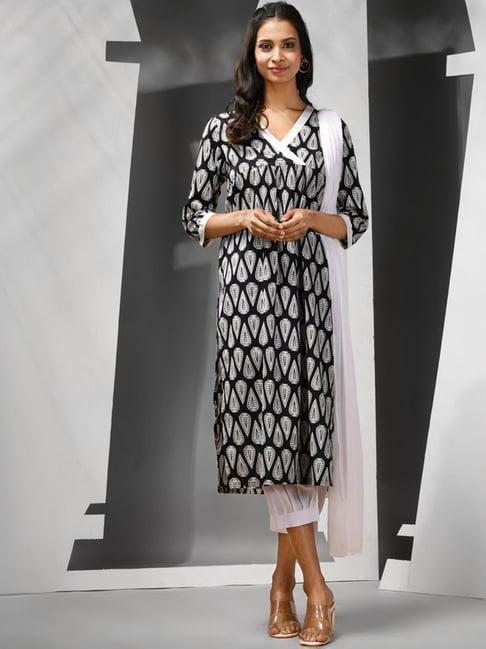 charukriti black & white cotton floral print kurta salwaar set with dupatta