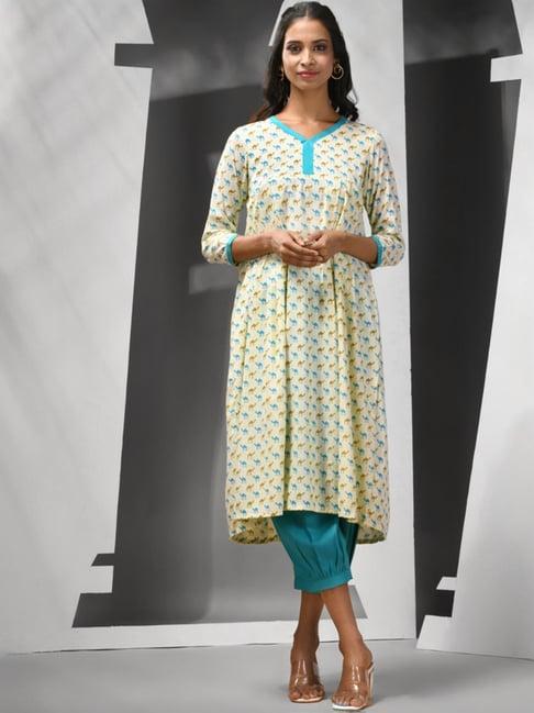 charukriti beige & blue cotton printed kurta salwaar set