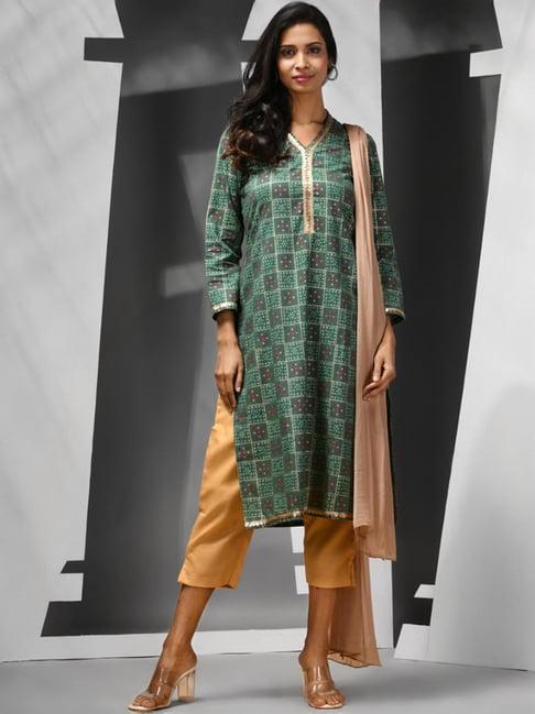 charukriti green & beige printed kurta pant set with dupatta